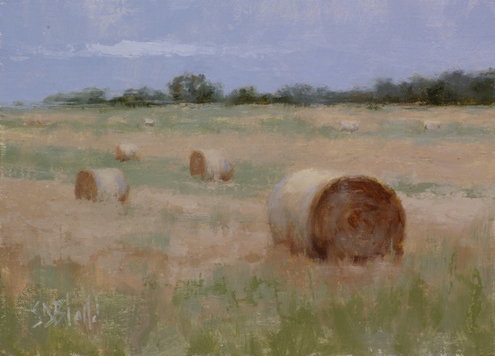 A painting of hay bales in a field by Furnace Mountain, Lovettsville, VA